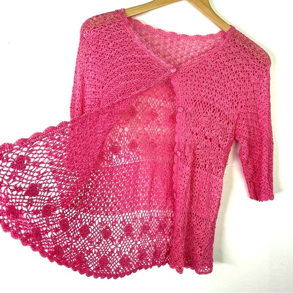 Knit Pink Cardigan Crochet Short Sleeve - Picture 6 of 8